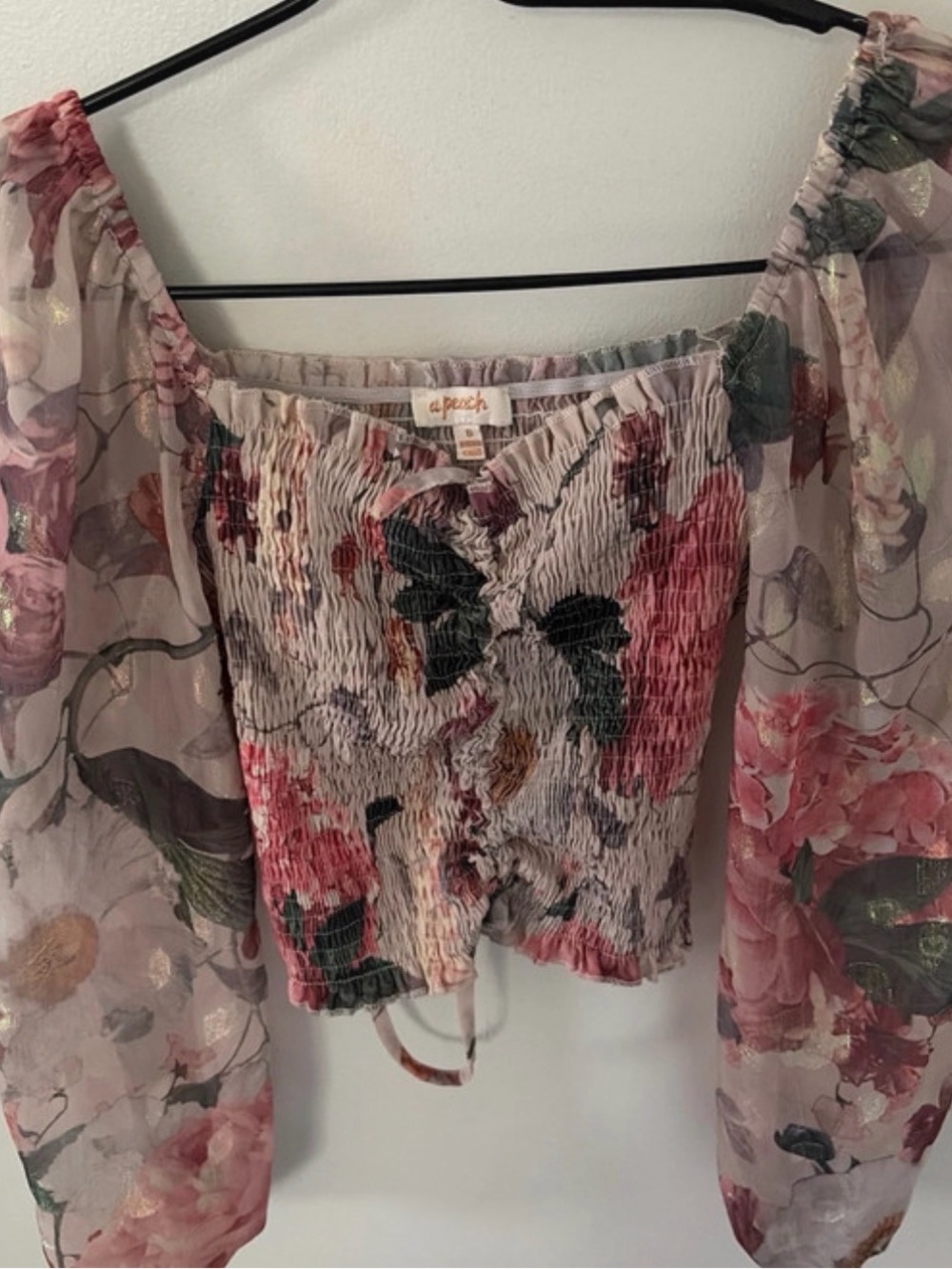 Epsch Pink & Green Floral Smocked Off-Shoulder Crop Top